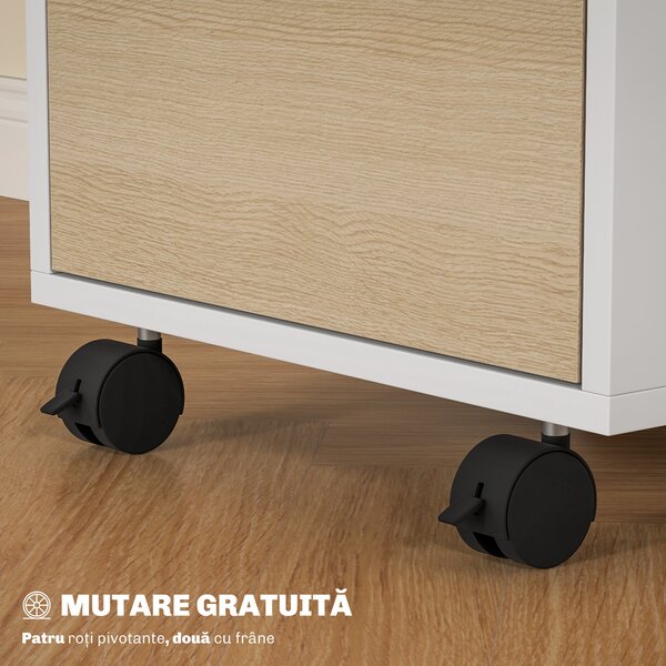 HOMCOM Dulap de Birou cu 3 Sertare, 4 Roți, Comodă de Birou cu Sistem de Blocare și 2 Chei pentru Documente Format A4, Dulap Vertical pentru Studiu, 40x40x63.5 cm, Alb și Stejar | Aosom Romania
