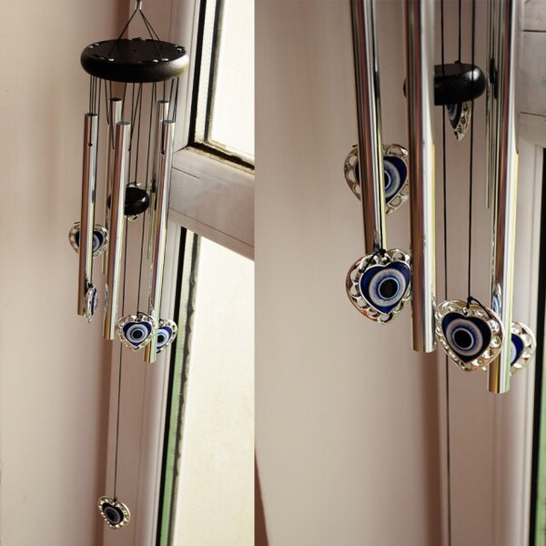 Clopotel de vant Pufo cu 5 tuburi sonore metalice pentru casa sau gradina, model Fatima's Heart, argintiu