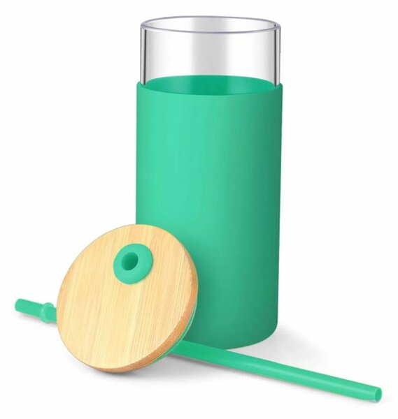 Pahar inalt Pufo din sticla borosilicata si silicon, cu capac din bambus, ideal pentru smoothie, limonada, 450 ml, verde