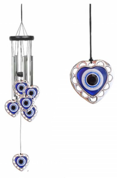 Clopotel de vant Pufo cu 5 tuburi sonore metalice pentru casa sau gradina, model Fatima's Heart, argintiu