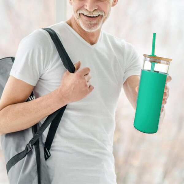 Pahar inalt Pufo din sticla borosilicata si silicon, cu capac din bambus, ideal pentru smoothie, limonada, 450 ml, verde