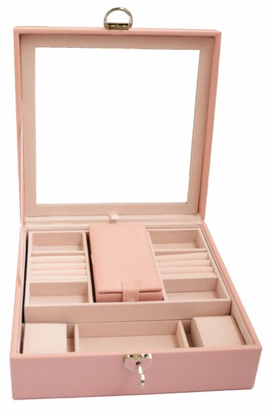 Cutie caseta eleganta Pufo Glam cu oglinda pentru depozitare si organizare bijuterii, 25 x 25 cm, roz- organizare rafinata si design premium
