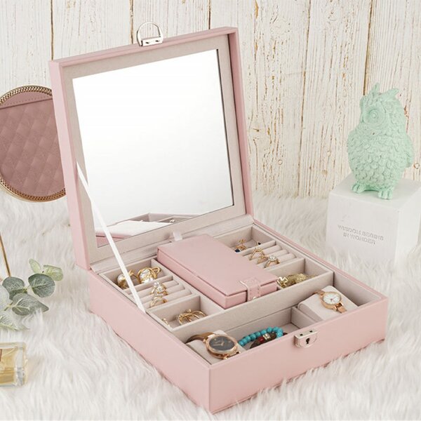Cutie caseta eleganta Pufo Glam cu oglinda pentru depozitare si organizare bijuterii, 25 x 25 cm, roz- organizare rafinata si design premium