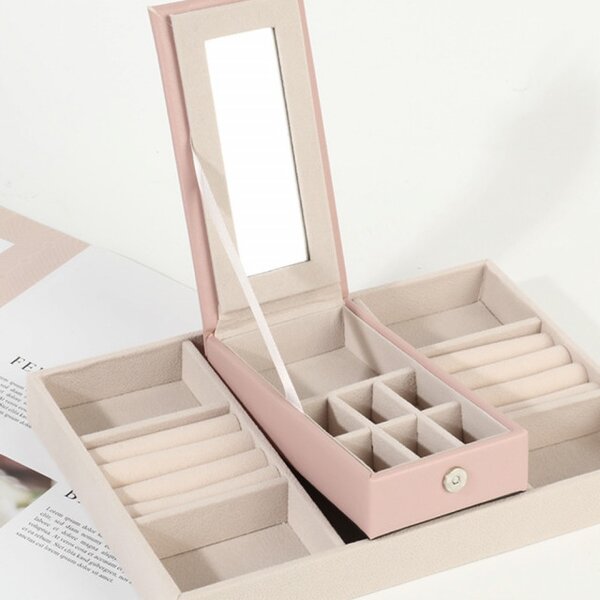 Cutie caseta eleganta Pufo Glam cu oglinda pentru depozitare si organizare bijuterii, 25 x 25 cm, roz- organizare rafinata si design premium
