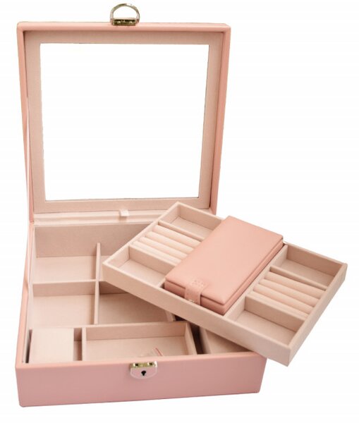 Cutie caseta eleganta Pufo Glam cu oglinda pentru depozitare si organizare bijuterii, 25 x 25 cm, roz- organizare rafinata si design premium