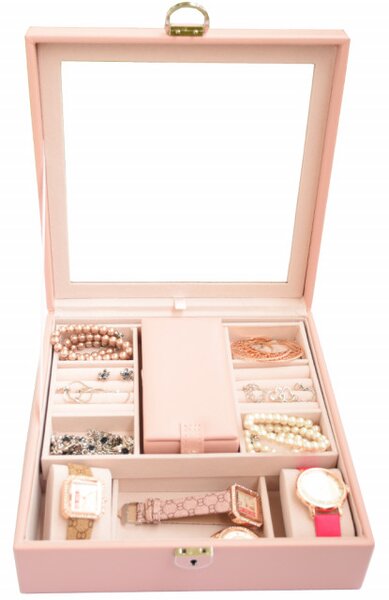 Cutie caseta eleganta Pufo Glam cu oglinda pentru depozitare si organizare bijuterii, 25 x 25 cm, roz- organizare rafinata si design premium