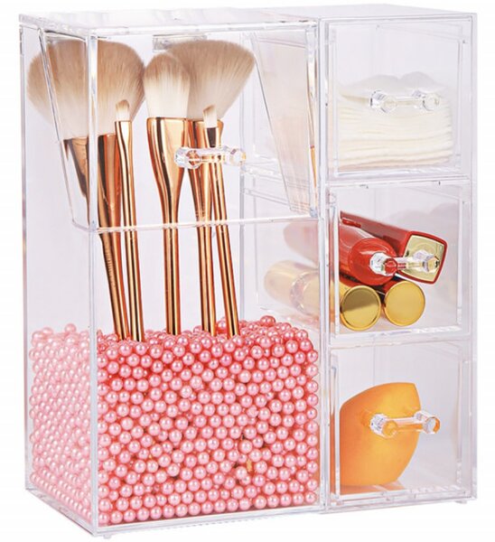 Organizator suport Pufo pentru pensule de machiaj, rujuri, creioane, bijuterii, 4 compartimente, 21 cm