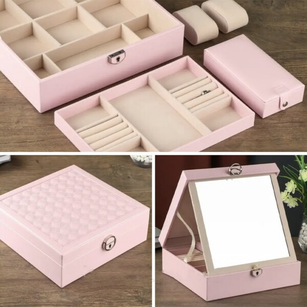 Cutie caseta eleganta Pufo Glam cu oglinda pentru depozitare si organizare bijuterii, 25 x 25 cm, roz- organizare rafinata si design premium