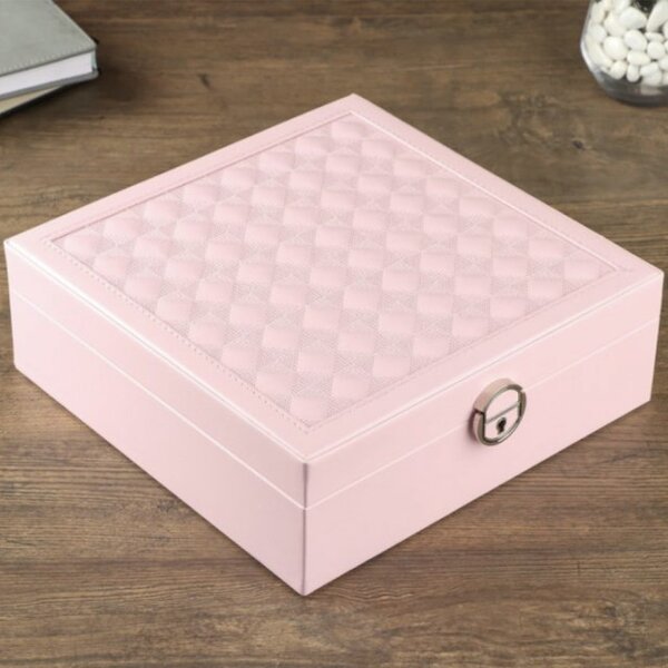 Cutie caseta eleganta Pufo Glam cu oglinda pentru depozitare si organizare bijuterii, 25 x 25 cm, roz- organizare rafinata si design premium