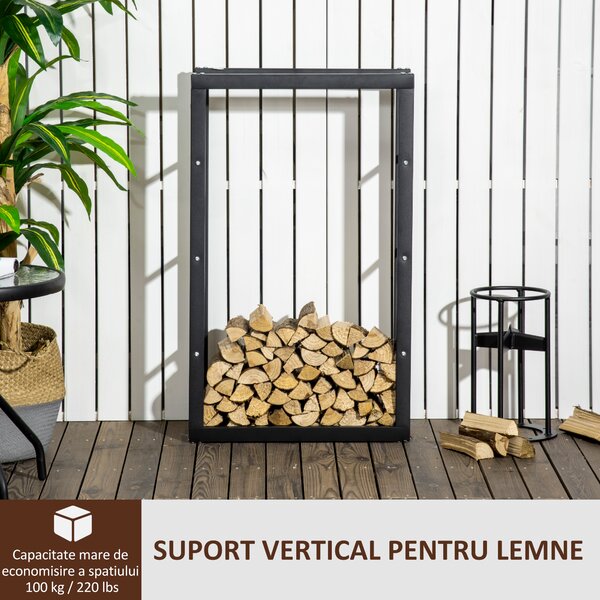 HOMCOM Suport Lemne pentru Interior și Exterior din Țevi de Fier, Capacitate 100 kg, 60x25x100 cm | Aosom Romania