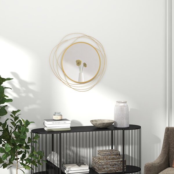 HOMCOM Decor Oglindă de Perete, Artă Metalică de Perete, Oglindă Rotundă pentru Living, Dormitor, Sufragerie, 65x65x1 cm, Auriu | Aosom Romania