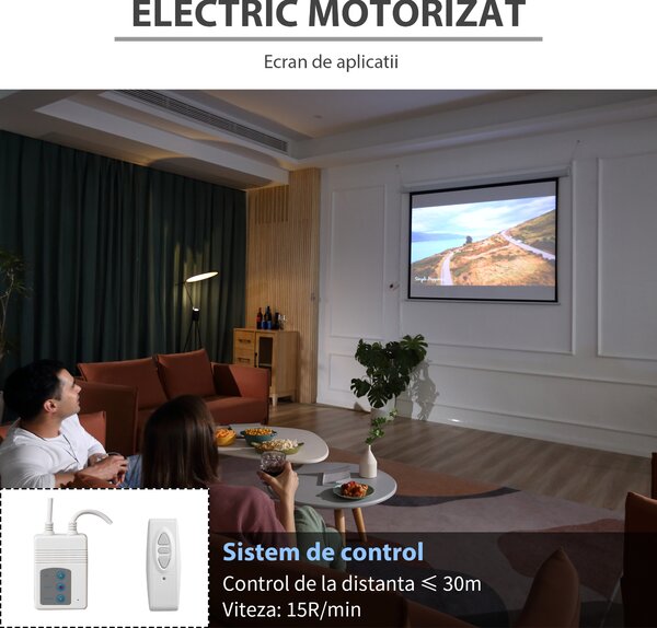 HOMCOM Ecran Proiecție Motorizat 84 Inch pentru Home Cinema, Sistem de Rulare Automat, Ideal pentru Filme și Prezentări, Alb | Aosom Romania