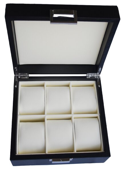 Cutie caseta eleganta pentru depozitare si organizare 6 ceasuri sau bijuterii, model Pufo Royal Premium, negru