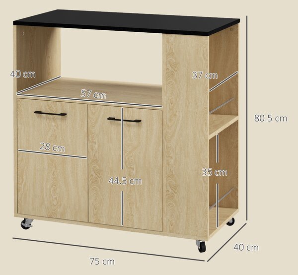 Cărucior de bucătărie din PAL cu raft deschis, dulap cu 2 uși și poliță laterală cu 2 niveluri, 75x40x80,5cm stejar și negru HOMCOM | Aosom Romania