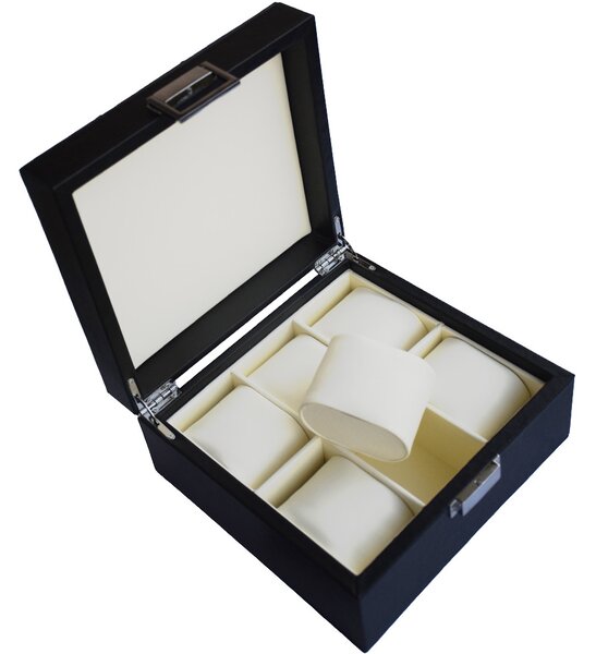 Cutie caseta eleganta pentru depozitare si organizare 6 ceasuri sau bijuterii, model Pufo Royal Premium, negru
