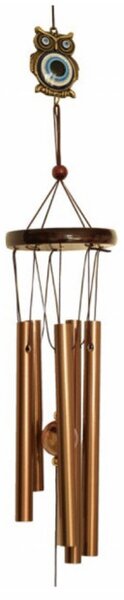 Clopotel de vant cu 5 tuburi sonore metalice pentru casa sau gradina, model Feng-Shui cu bufnite, auriu
