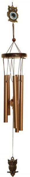 Clopotel de vant cu 5 tuburi sonore metalice pentru casa sau gradina, model Feng-Shui cu bufnite, auriu