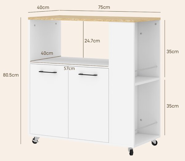 HOMCOM Cărucior de Bucătărie cu Raft Deschis, Dulăpior cu 2 Uși și Raft Lateral pe 2 Niveluri, 75x40x80,5 cm, Alb | Aosom Romania