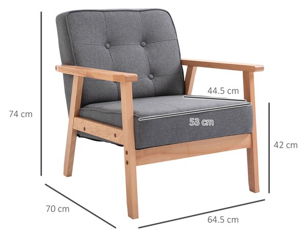 HOMCOM Fotoliu Vintage Stil Scandinav Moale și Confortabil Capitonat cu Butoni, 64,5x70x74 cm, Gri | Aosom Romania