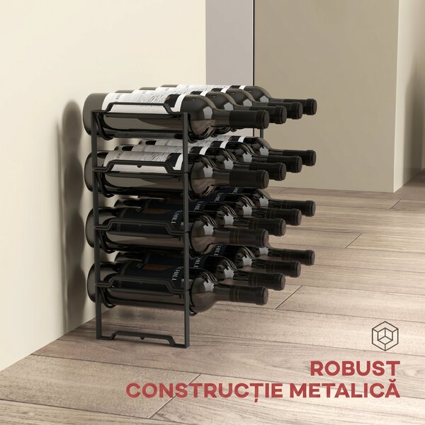 HOMCOM Suport pentru Sticle de Vin cu 4 Niveluri, 42,5x16,5x41 cm, Negru | Aosom Romania