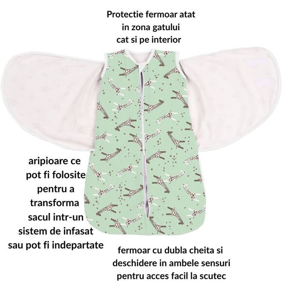 Sac de dormit bebelusi cu sistem de infasare din bumbac Kidizi Giraffe, 0-6 luni, 0.5 tog