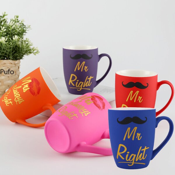 Cana mata din ceramica Pufo Mr Right, pentru cafea sau ceai, 360 ml, albastru
