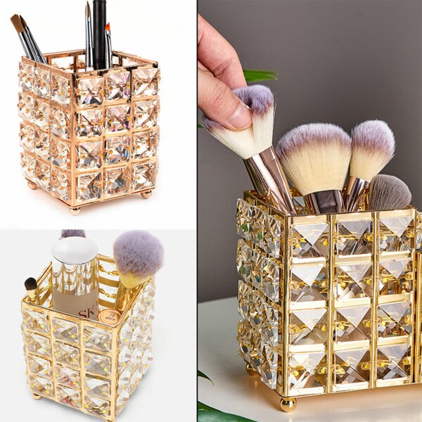 Organizator suport elegant Pufo Glam pentru pensule de machiaj, rujuri, bijuterii, metalic, 12 cm, auriu