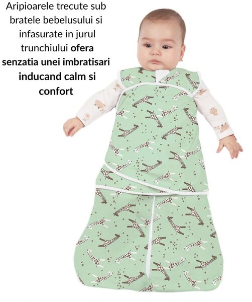 Sac de dormit bebelusi cu sistem de infasare din bumbac Kidizi Giraffe, 0-6 luni, 0.5 tog