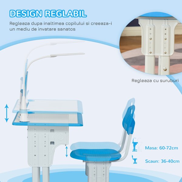 HOMCOM Bancă cu Scaun pentru Copii 6-12 ani cu Înălțime Reglabilă și Lampă LED, 60x45x90-102 cm, Albastru | Aosom Romania