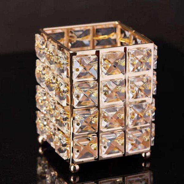 Organizator suport elegant Pufo Glam pentru pensule de machiaj, rujuri, bijuterii, metalic, 12 cm, auriu