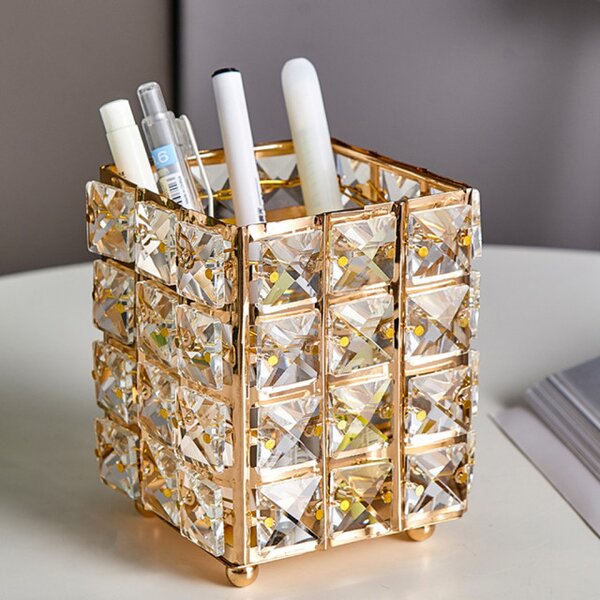 Organizator suport elegant Pufo Glam pentru pensule de machiaj, rujuri, bijuterii, metalic, 12 cm, auriu