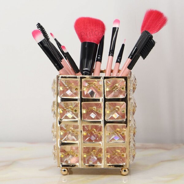 Organizator suport elegant Pufo Glam pentru pensule de machiaj, rujuri, bijuterii, metalic, 12 cm, auriu