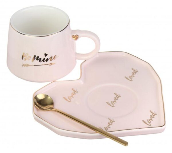 Cana ceramica cu farfurie in forma de inima si lingurita Pufo Be Mine pentru cafea sau ceai, 180 ml, roz- cadou elegant si romantic