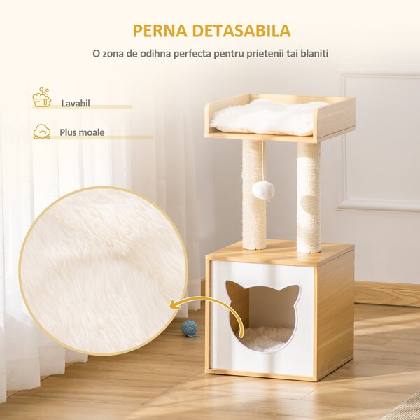 PawHut Căsuță Elegantă pentru Pisici, Design Modern Stejar și Alb, 35x35x81cm | Aosom Romania