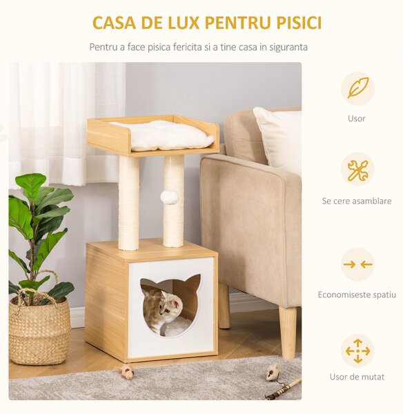 PawHut Căsuță Elegantă pentru Pisici, Design Modern Stejar și Alb, 35x35x81cm | Aosom Romania