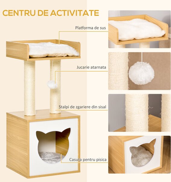 PawHut Căsuță Elegantă pentru Pisici, Design Modern Stejar și Alb, 35x35x81cm | Aosom Romania