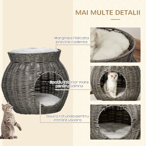PawHut Coș pentru Pisici din Rattan PE cu 2 Niveluri, Zonă de Zgâriat și Cușcă, Perne de Plus Lavabile, Diametru Φ50x43.5cm, Gri Închis | Aosom Romania