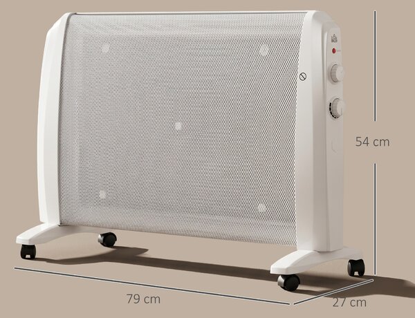 HOMCOM Radiator Electric Mică 1000W/2000W cu Termostat Reglabil, 15-20 m², 4 Roți, 79x27x54 cm, Alb | Aosom Romania