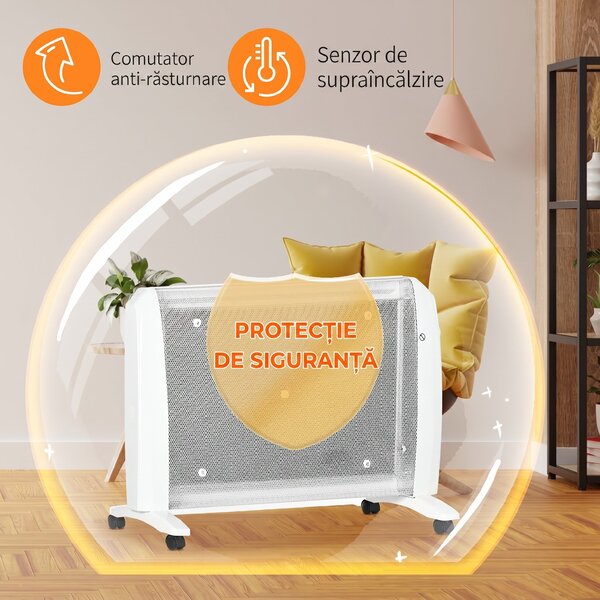 HOMCOM Radiator Electric Mică 1000W/2000W cu Termostat Reglabil, 15-20 m², 4 Roți, 79x27x54 cm, Alb | Aosom Romania