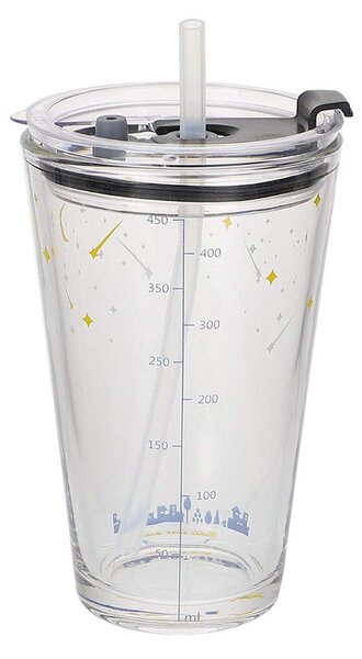 Cana din sticla transparenta Pufo Stars pentru cafea cu capac, 450 ml
