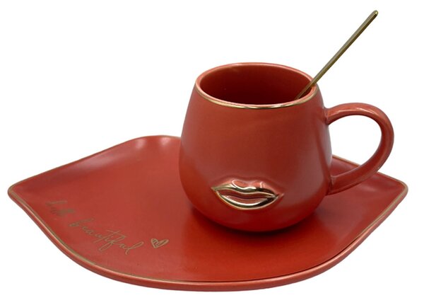 Cana ceramica cu farfurie si lingurita Pufo Beautiful pentru cafea sau ceai, 180 ml, rosu