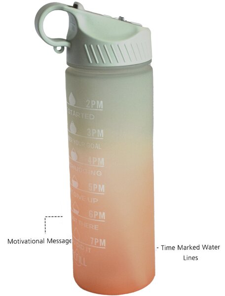 Sticla apa gradata Pufo Motivational pentru sport, fitness, antrenamente, cu pai inclus, 500 ml, verde/portocaliu