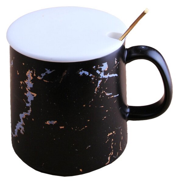 Cana cu capac din ceramica si lingurita Pufo Mistery pentru cafea sau ceai, 300 ml, negru