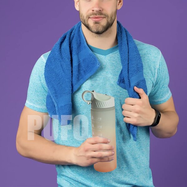 Sticla apa gradata Pufo Motivational pentru sport, fitness, antrenamente, cu pai inclus, 500 ml, verde/portocaliu