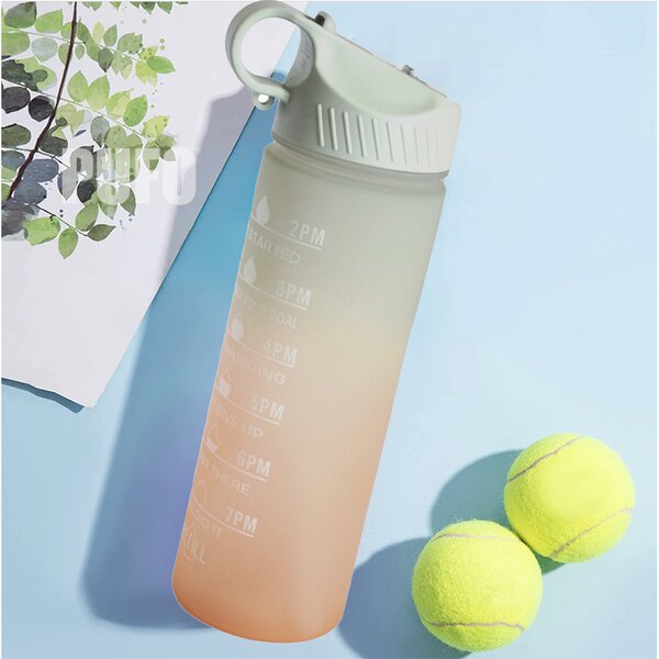 Sticla apa gradata Pufo Motivational pentru sport, fitness, antrenamente, cu pai inclus, 500 ml, verde/portocaliu
