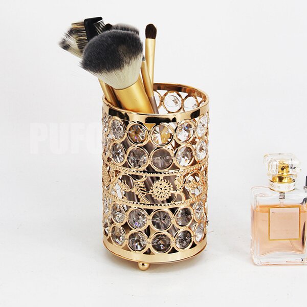 Organizator suport elegant Pufo Fame pentru pensule de machiaj, rujuri, bijuterii, metalic, 12 cm, auriu