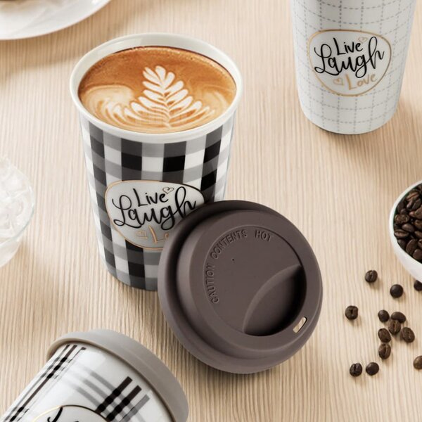 Cana ceramica de voiaj Pufo Live & Love pentru cafea cu capac din silicon, 415 ml, gri/negru