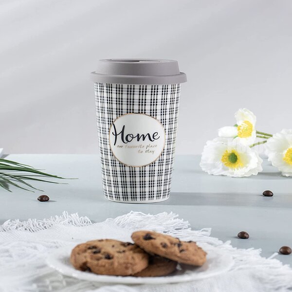 Cana ceramica de voiaj Pufo Home pentru cafea cu capac din silicon, 415 ml, gri inchis