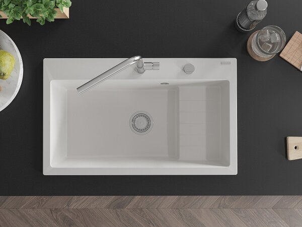 Mexen Omar chiuvetă de bucătărie din granit cu 1 cuvă 800 x 480 mm, alb, sifon cromat - 6520801005-20