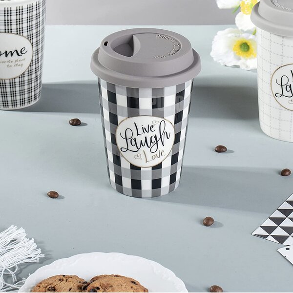 Cana ceramica de voiaj Pufo Live & Love pentru cafea cu capac din silicon, 415 ml, gri/negru